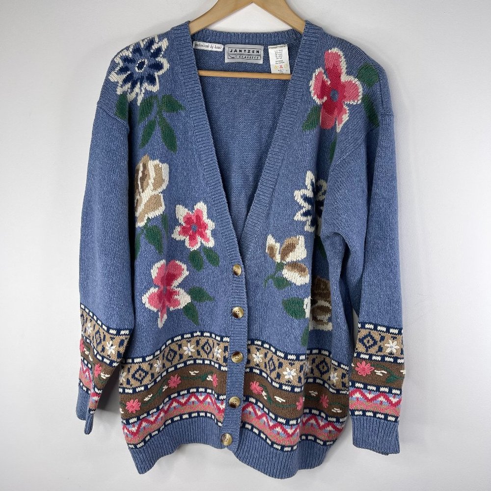 JANTZEN CLASSICS Women Blue Floral Hand Embroidered Cardigan Sweater
